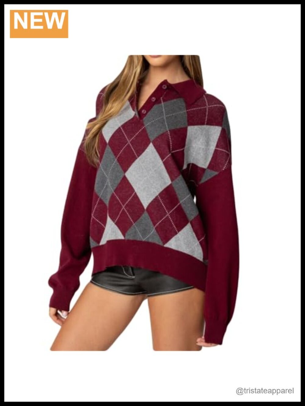 Y2K Argyle Plaid Pullover Sweater Long Sleeve Preppy Knit Top